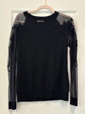 INC International Concepts Black Sheer-Sleeve Embroidered Sweater
